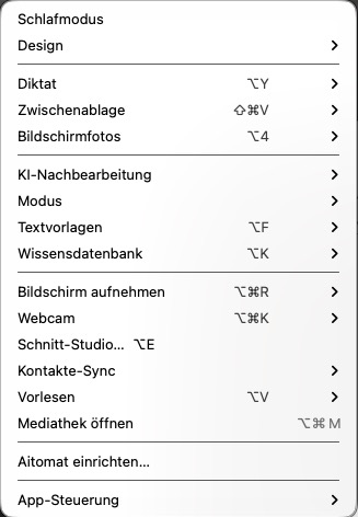 Das Aitomat-Menü in der Menüleiste mit allen Funktionen und Tastenkürzeln